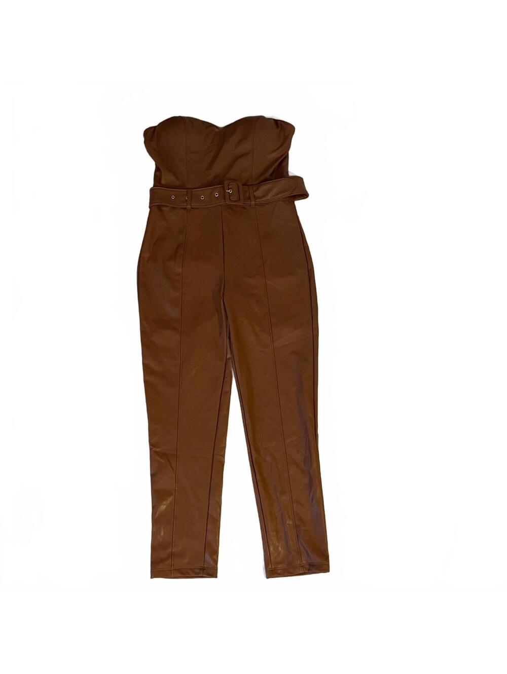 Haute Monde Brown Strapless Faux Leather Jumpsuit with Belt Size L